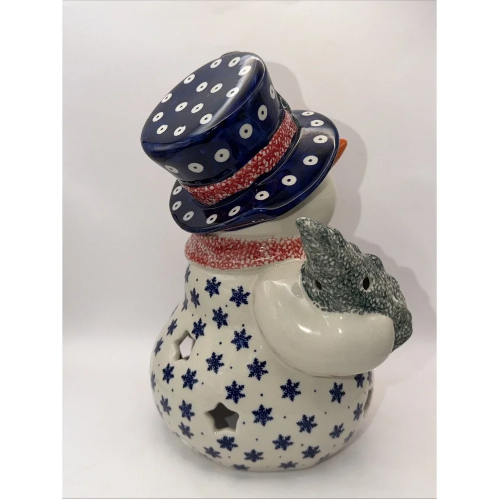 Polish Pottery Snowman Tea Light UNIKAT Winter Snowflake 11.5